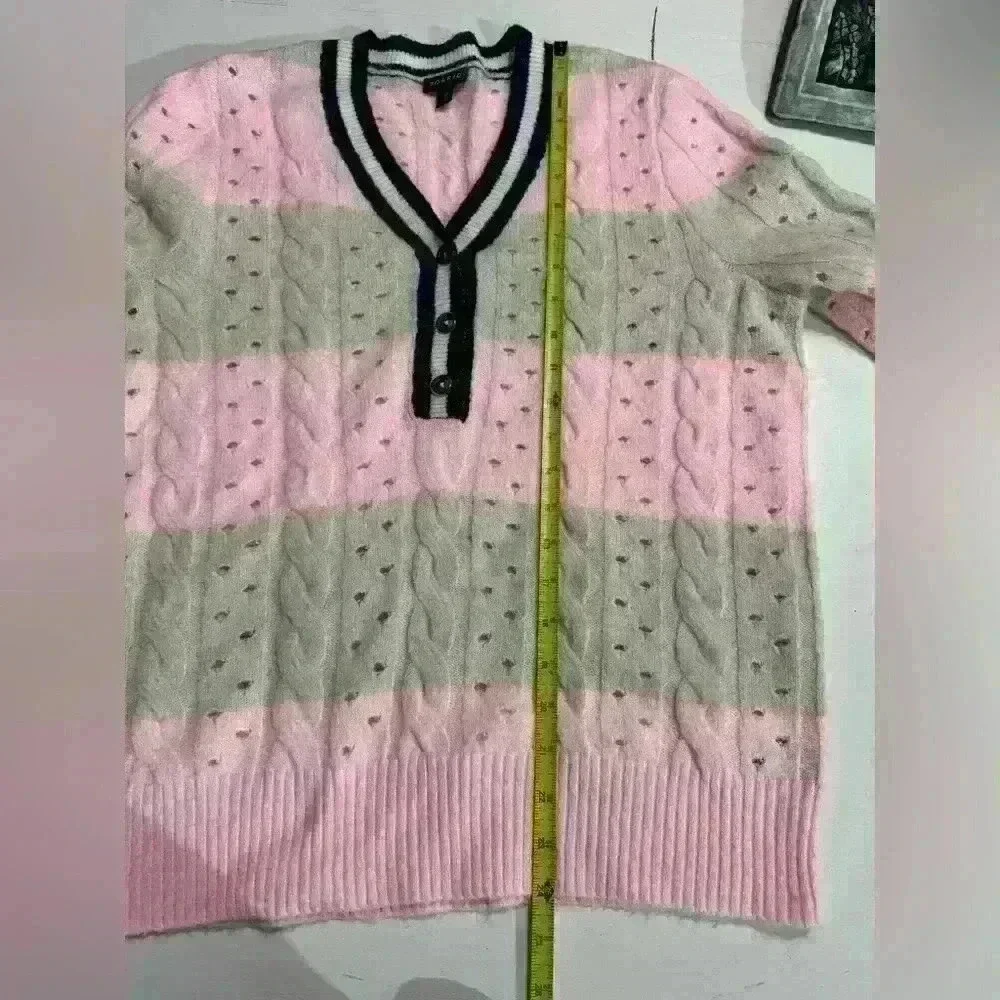 Plus 00 Torrid Vegan Cashmere Pullover Henley Striped Sweater Pink Navy Beige - Picture 5 of 5